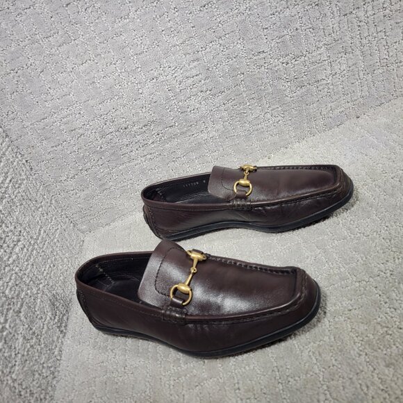Gucci 101133 Mens Size US 8D Dark Brown Leather Gold Horsebit Driving Loafers - Picture 9 of 13